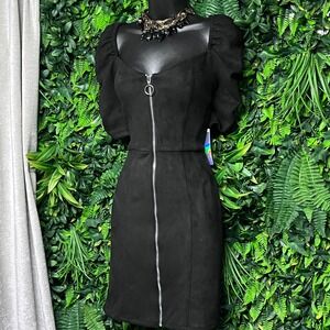 IRIS Dress Medium Black Suede Puff Sleeve Zipper Front Mini Party Cocktail 3449